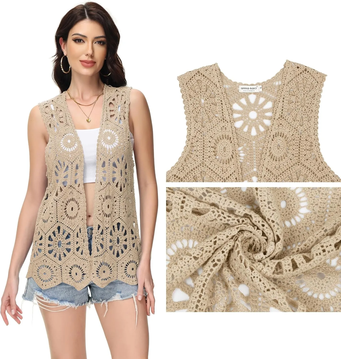 Anna-Kaci Crochet Vest Sleeveless Boho Lace Cardigan Stylish and Cute Cover Up