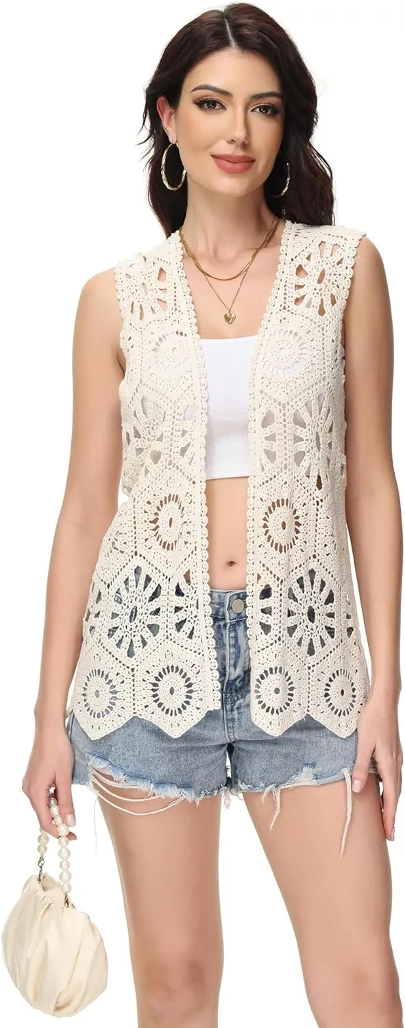 Anna-Kaci Crochet Vest Sleeveless Boho Lace Cardigan Stylish and Cute Cover Up