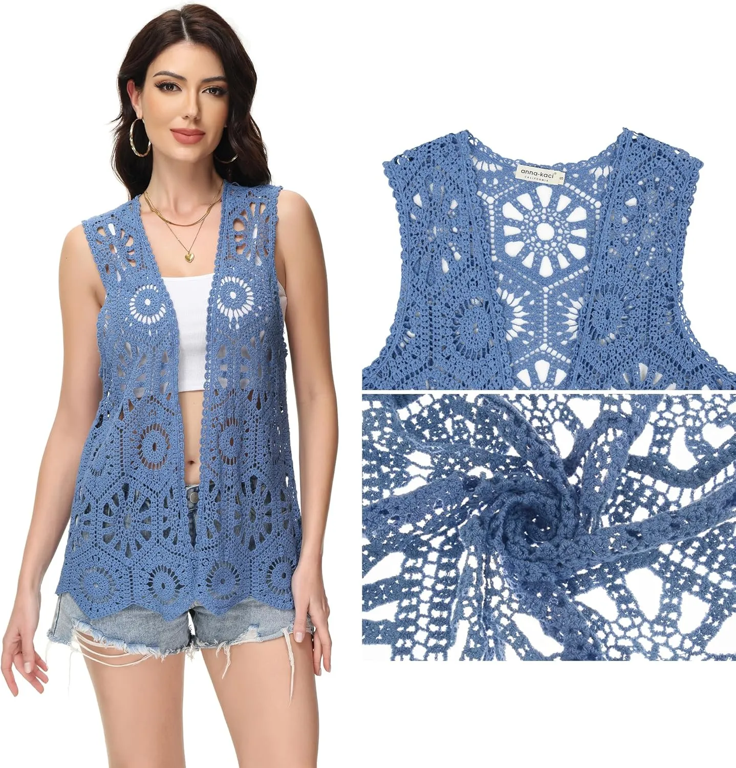 Anna-Kaci Crochet Vest Sleeveless Boho Lace Cardigan Stylish and Cute Cover Up