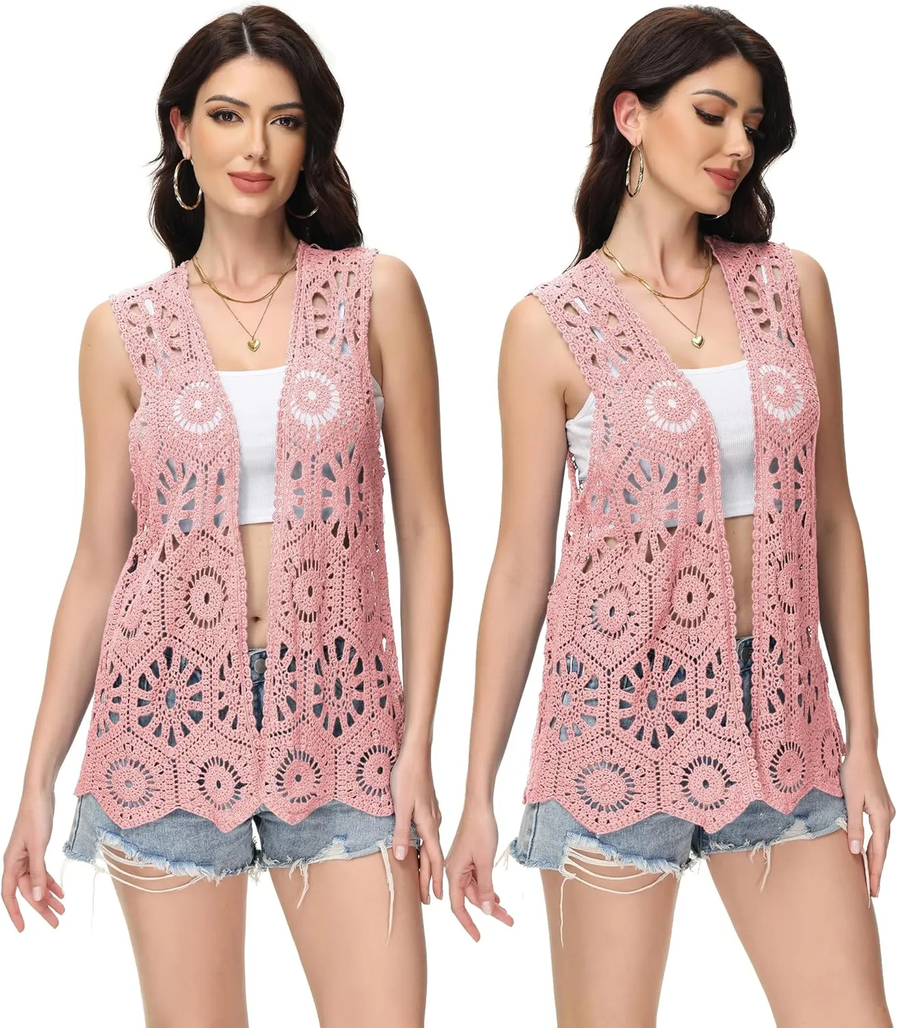 Anna-Kaci Crochet Vest Sleeveless Boho Lace Cardigan Stylish and Cute Cover Up