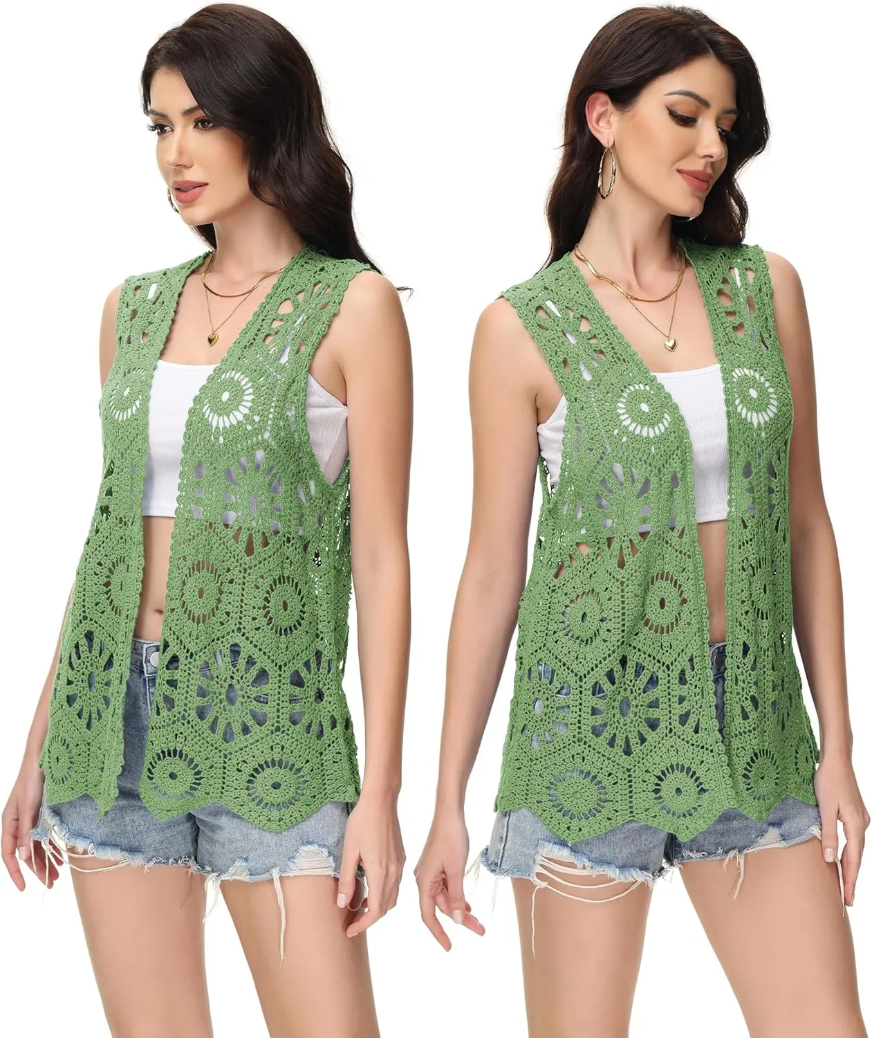 Anna-Kaci Crochet Vest Sleeveless Boho Lace Cardigan Stylish and Cute Cover Up