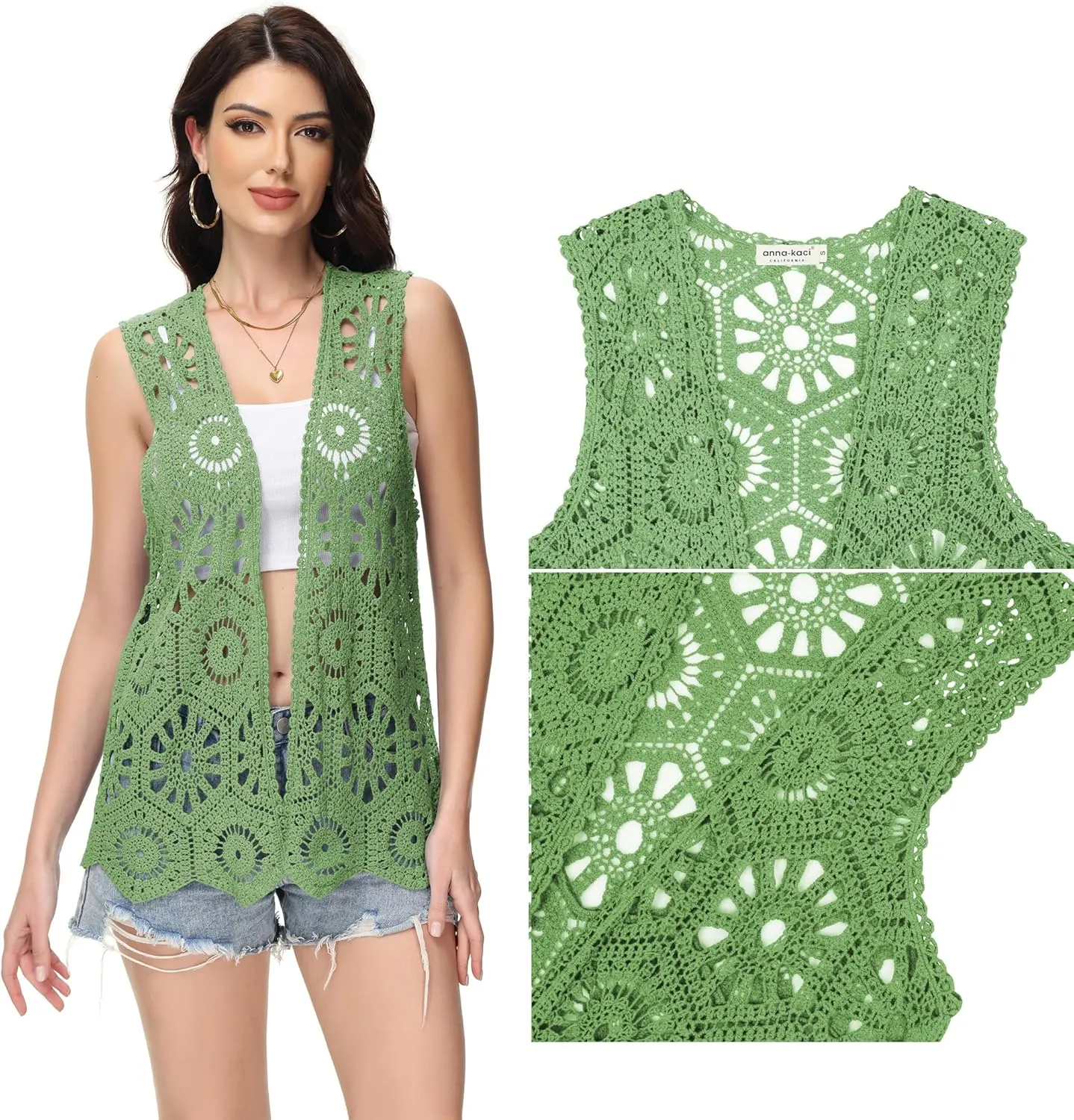 Anna-Kaci Crochet Vest Sleeveless Boho Lace Cardigan Stylish and Cute Cover Up
