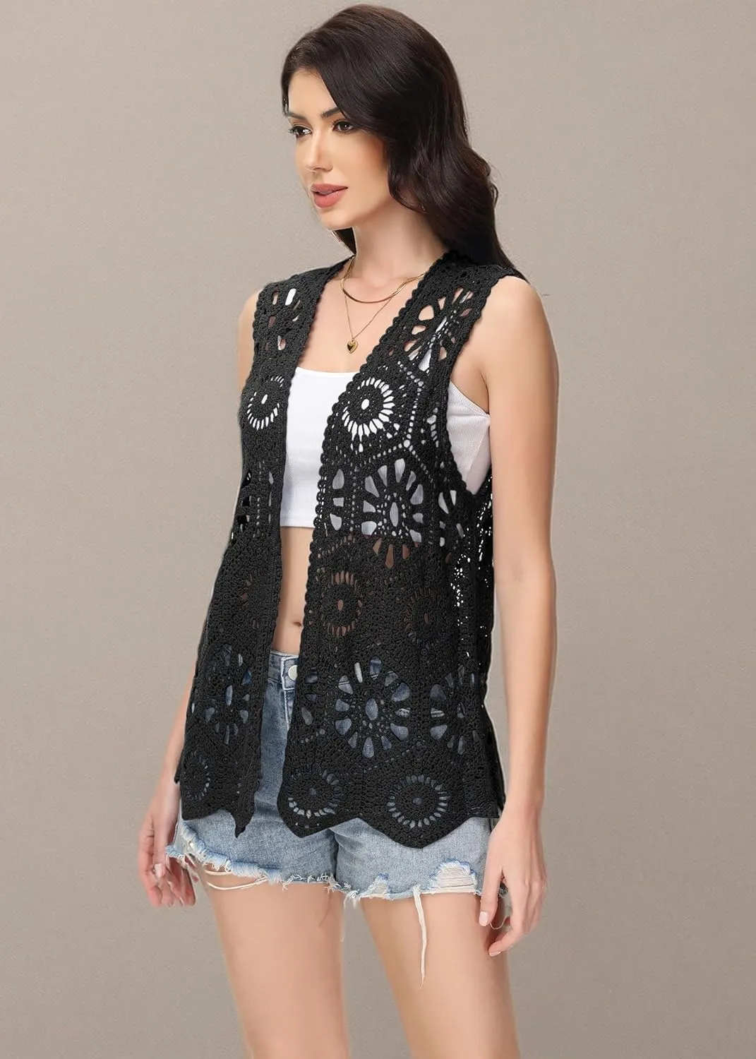 Anna-Kaci Crochet Vest Sleeveless Boho Lace Cardigan Stylish and Cute Cover Up