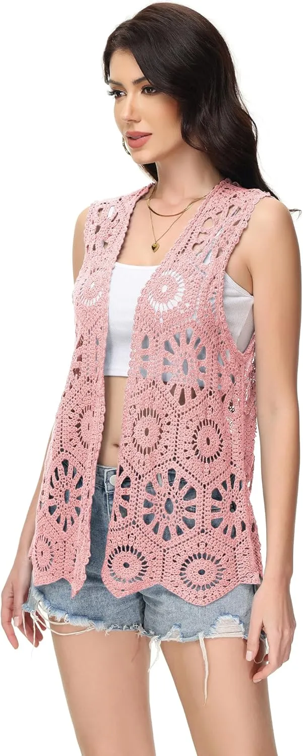 Anna-Kaci Crochet Vest Sleeveless Boho Lace Cardigan Stylish and Cute Cover Up