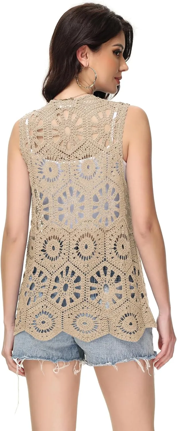 Anna-Kaci Crochet Vest Sleeveless Boho Lace Cardigan Stylish and Cute Cover Up