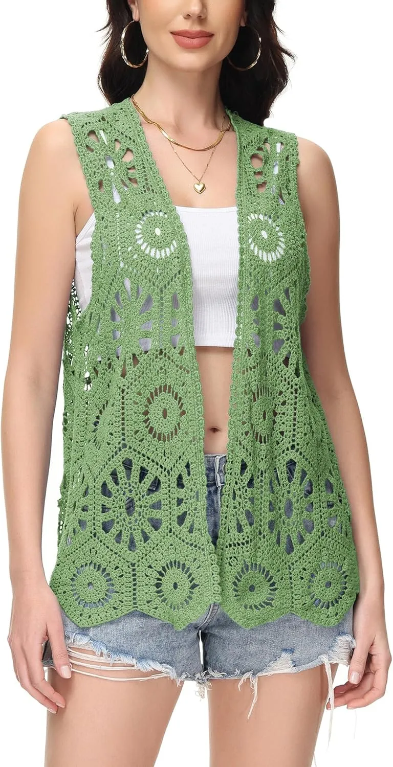 Anna-Kaci Crochet Vest Sleeveless Boho Lace Cardigan Stylish and Cute Cover Up