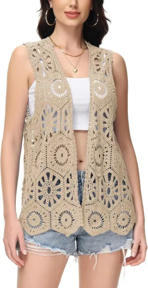 Anna-Kaci Crochet Vest Sleeveless Boho Lace Cardigan Stylish and Cute Cover Up