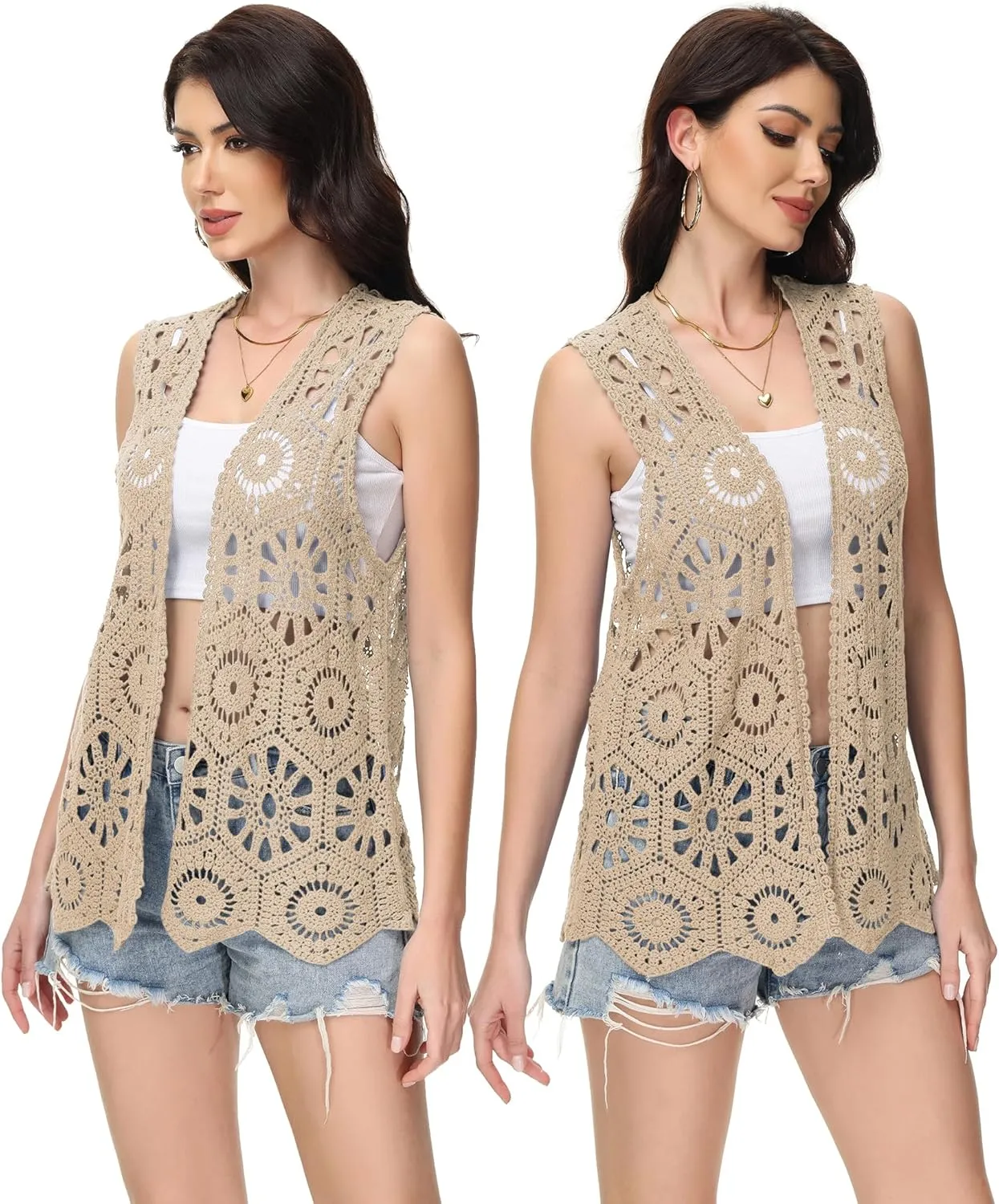 Anna-Kaci Crochet Vest Sleeveless Boho Lace Cardigan Stylish and Cute Cover Up
