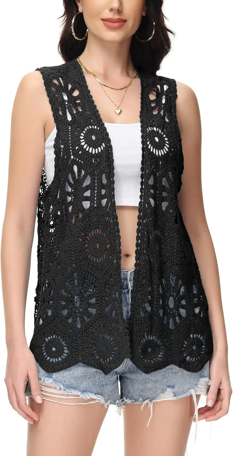 Anna-Kaci Crochet Vest Sleeveless Boho Lace Cardigan Stylish and Cute Cover Up
