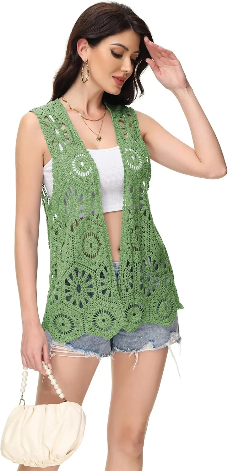 Anna-Kaci Crochet Vest Sleeveless Boho Lace Cardigan Stylish and Cute Cover Up