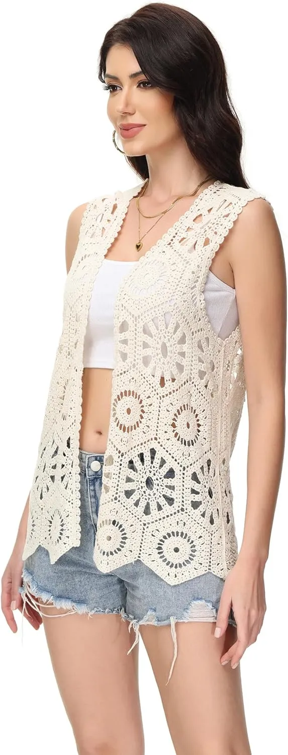Anna-Kaci Crochet Vest Sleeveless Boho Lace Cardigan Stylish and Cute Cover Up