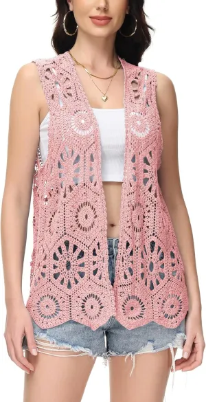 Anna-Kaci Crochet Vest Sleeveless Boho Lace Cardigan Stylish and Cute Cover Up