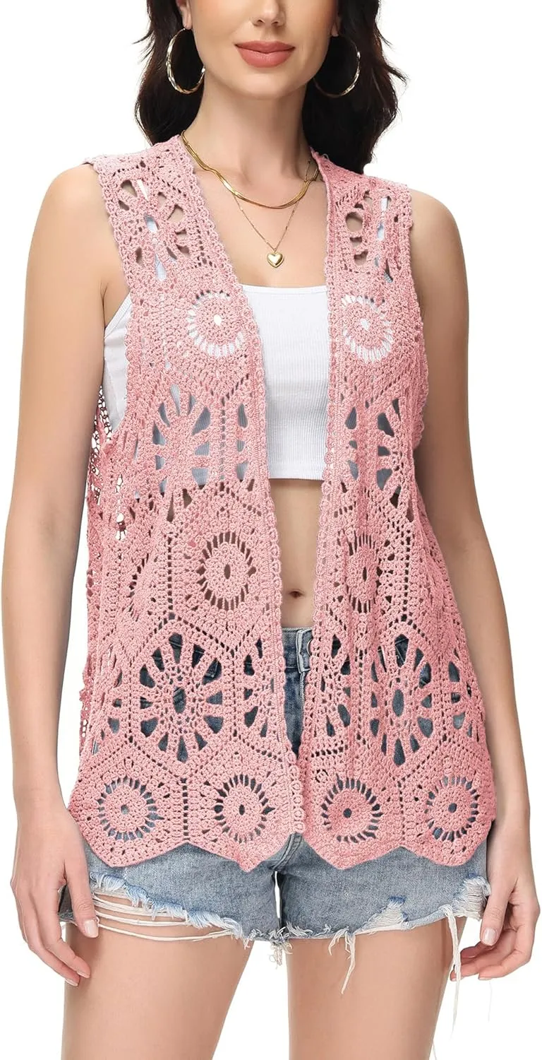 Anna-Kaci Crochet Vest Sleeveless Boho Lace Cardigan Stylish and Cute Cover Up
