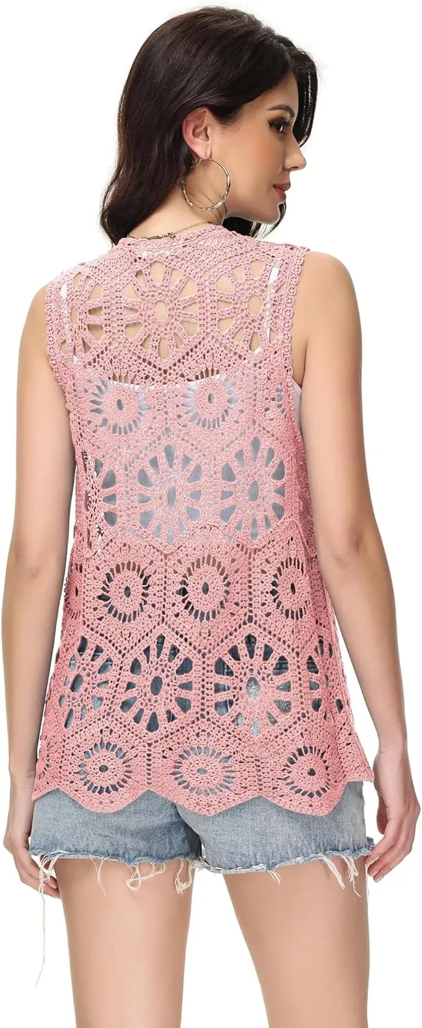 Anna-Kaci Crochet Vest Sleeveless Boho Lace Cardigan Stylish and Cute Cover Up