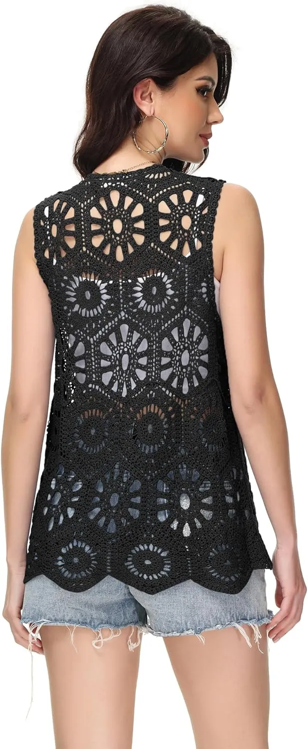 Anna-Kaci Crochet Vest Sleeveless Boho Lace Cardigan Stylish and Cute Cover Up