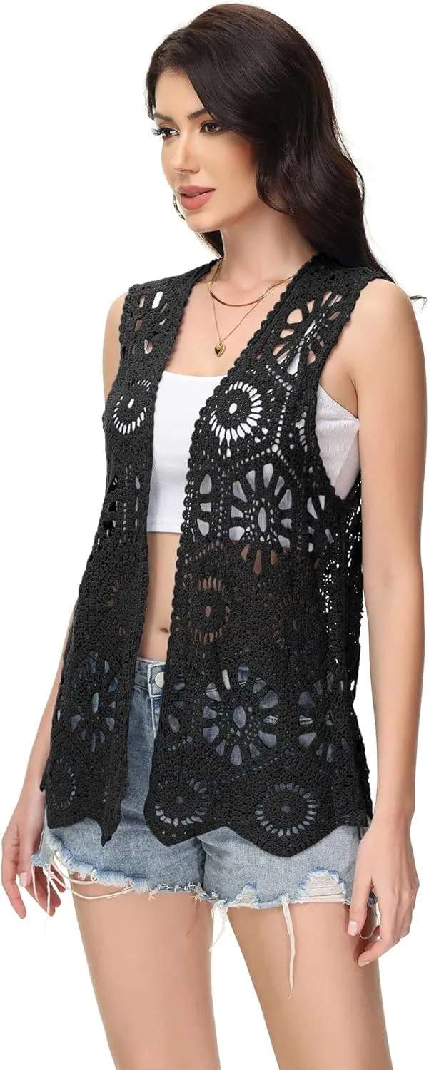 Anna-Kaci Crochet Vest Sleeveless Boho Lace Cardigan Stylish and Cute Cover Up