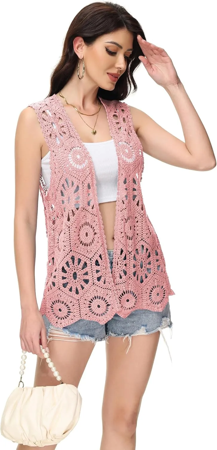 Anna-Kaci Crochet Vest Sleeveless Boho Lace Cardigan Stylish and Cute Cover Up