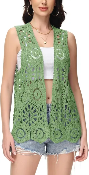 Anna-Kaci Crochet Vest Sleeveless Boho Lace Cardigan Stylish and Cute Cover Up