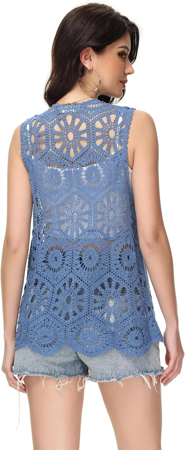 Anna-Kaci Crochet Vest Sleeveless Boho Lace Cardigan Stylish and Cute Cover Up