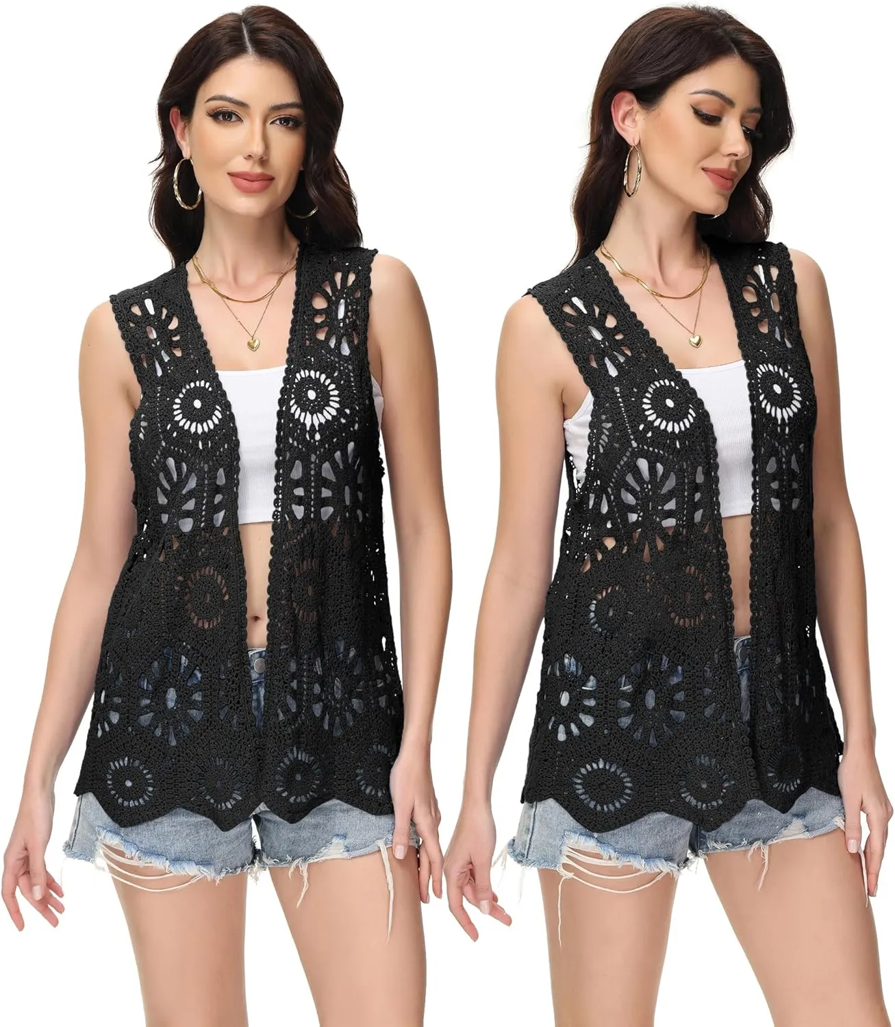 Anna-Kaci Crochet Vest Sleeveless Boho Lace Cardigan Stylish and Cute Cover Up