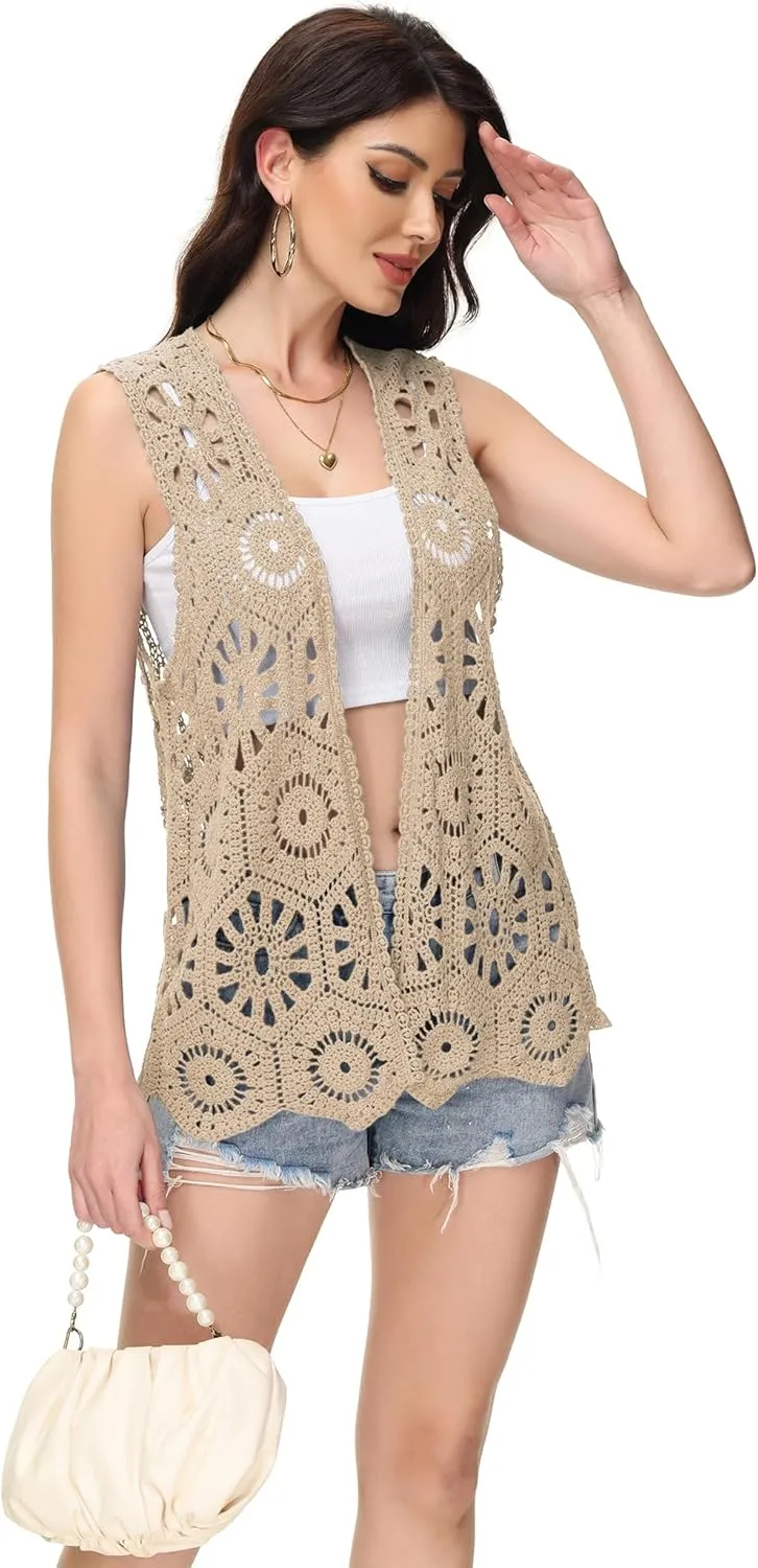 Anna-Kaci Crochet Vest Sleeveless Boho Lace Cardigan Stylish and Cute Cover Up