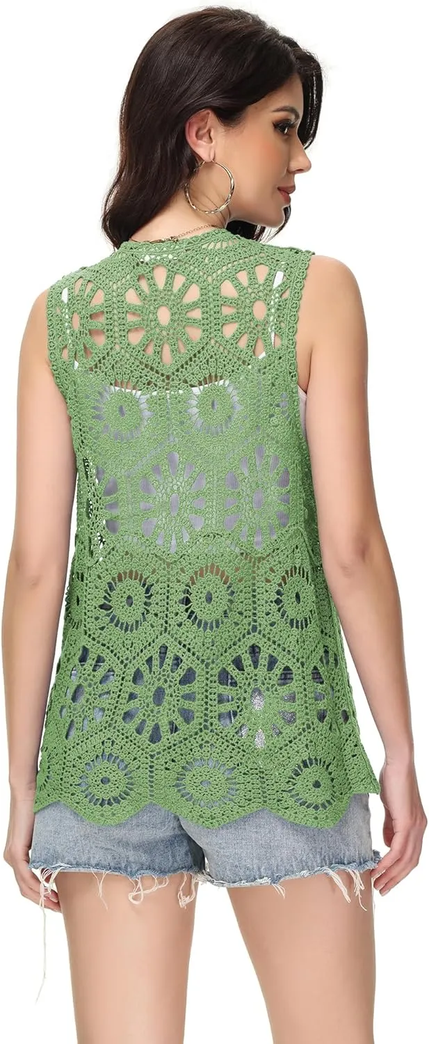 Anna-Kaci Crochet Vest Sleeveless Boho Lace Cardigan Stylish and Cute Cover Up