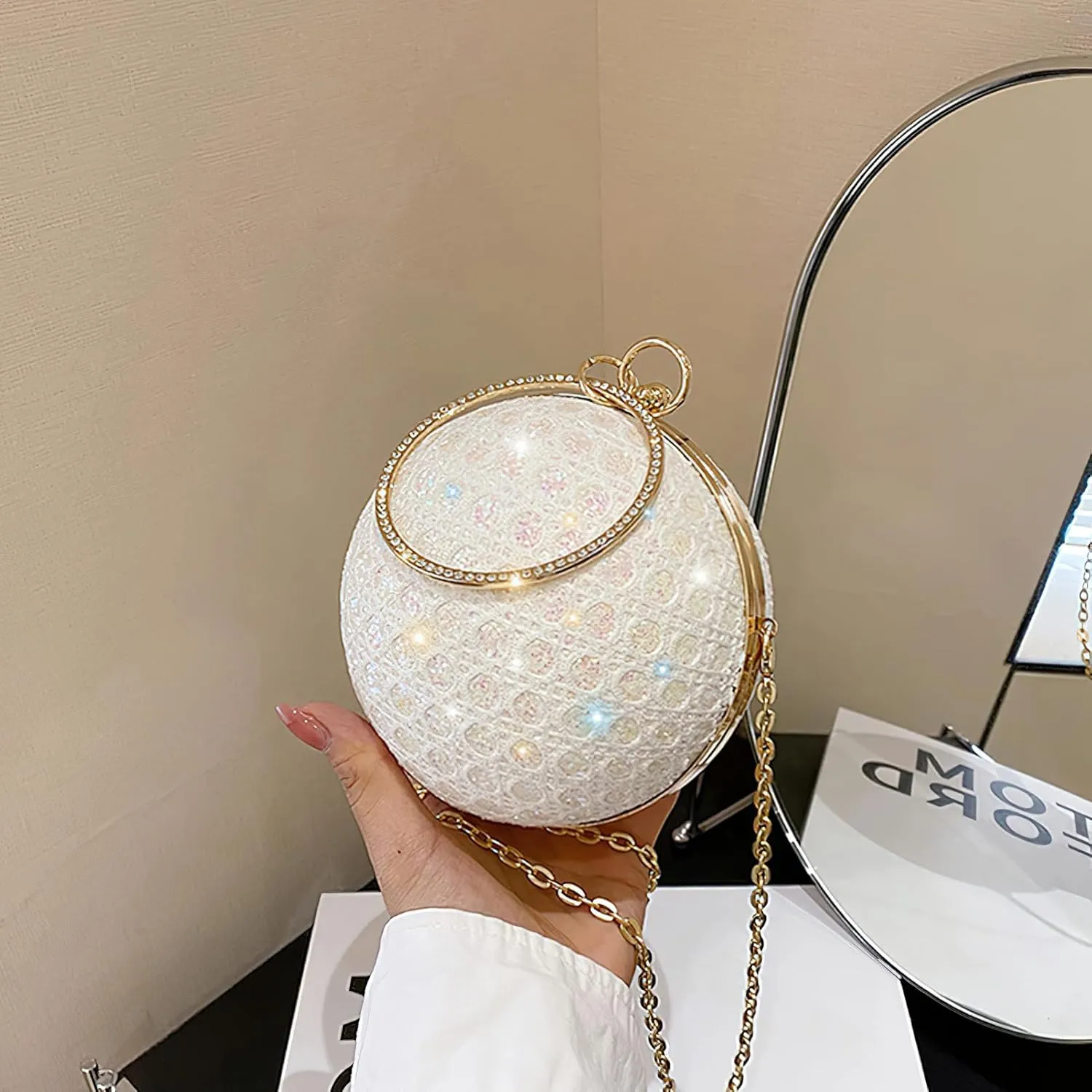 ANUFER Women's Sparkly Ball Shaped Evening Bag Rhinestones Sequins Clutch Bag