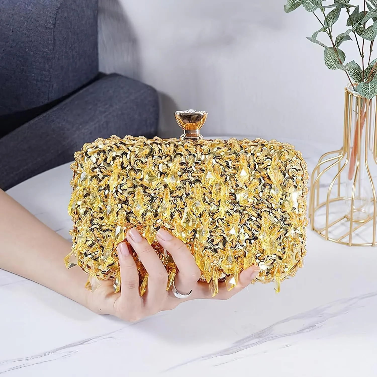 ANUFER Women's Sparkly Crystal Sequins Beaded Evening Clutch Bag with Handle and Chain