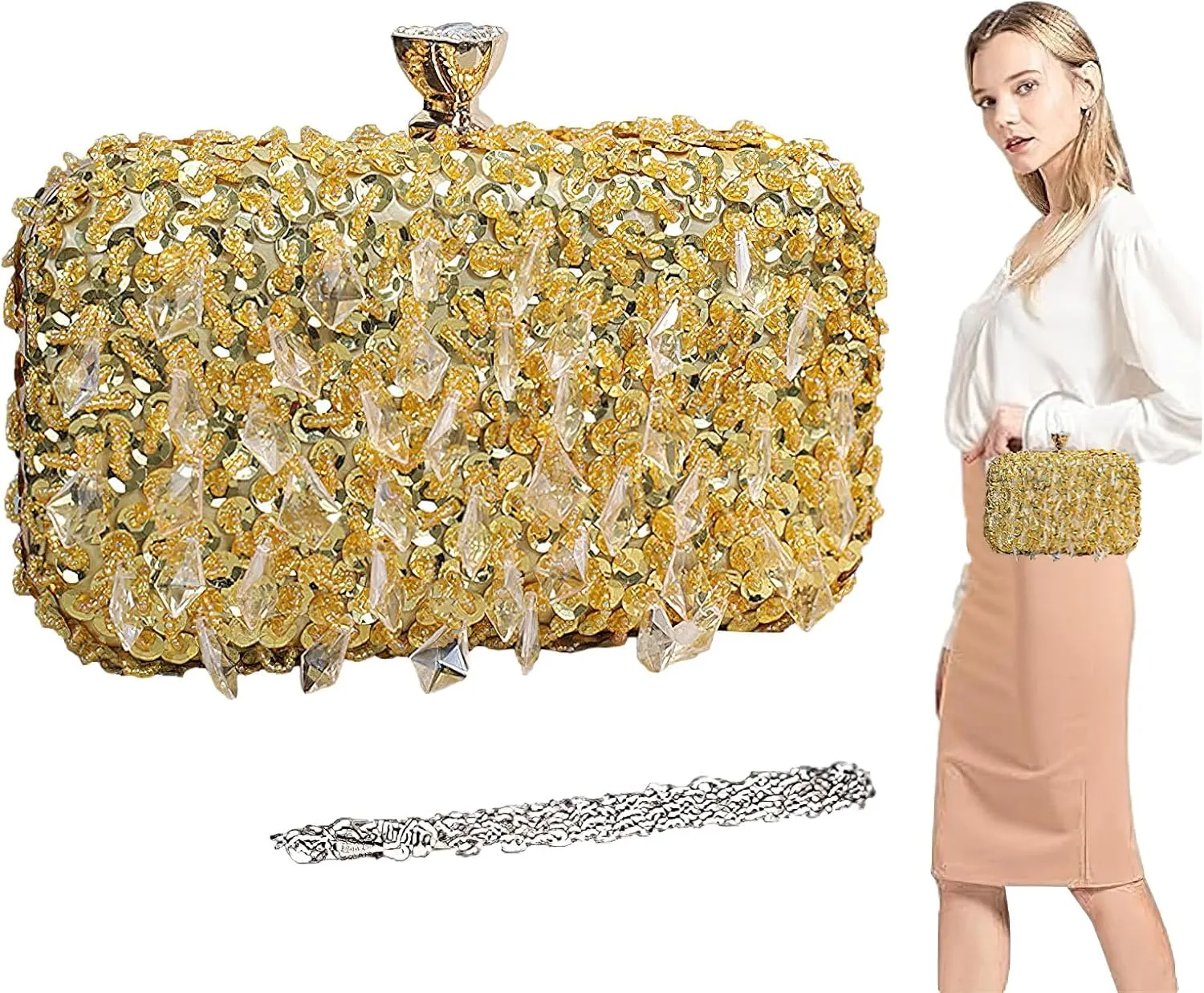 ANUFER Women's Sparkly Crystal Sequins Beaded Evening Clutch Bag with Handle and Chain