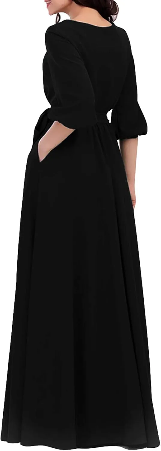 AOOKSMERY Women Elegance Audrey Hepburn Style Round Neck 3/4 Puff Sleeve Swing Maxi Dress Long Belt Dresses with Pockets