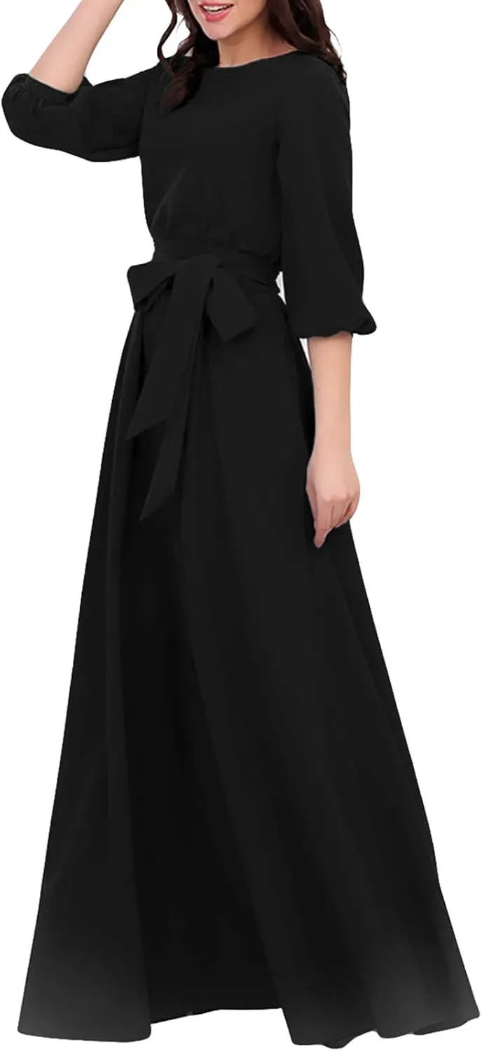 AOOKSMERY Women Elegance Audrey Hepburn Style Round Neck 3/4 Puff Sleeve Swing Maxi Dress Long Belt Dresses with Pockets