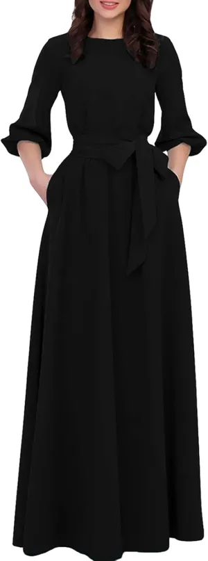 AOOKSMERY Women Elegance Audrey Hepburn Style Round Neck 3/4 Puff Sleeve Swing Maxi Dress Long Belt Dresses with Pockets