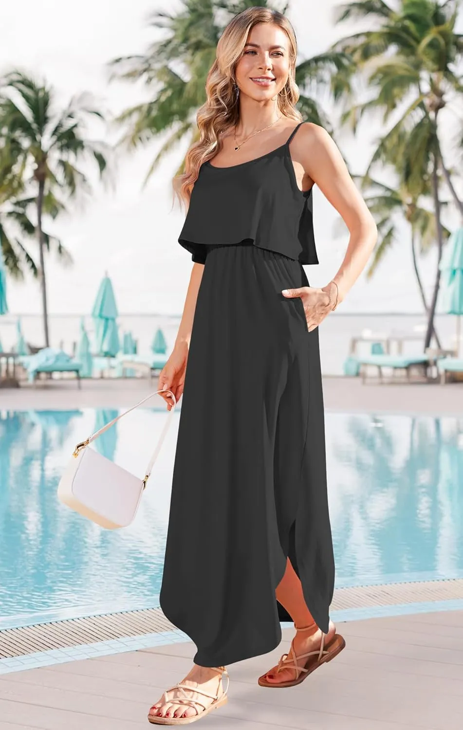 AUSELILY Womens Summer Dresses 2025 Adjustable Strappy Beach Sundress Casual Midi Dress with Pockets