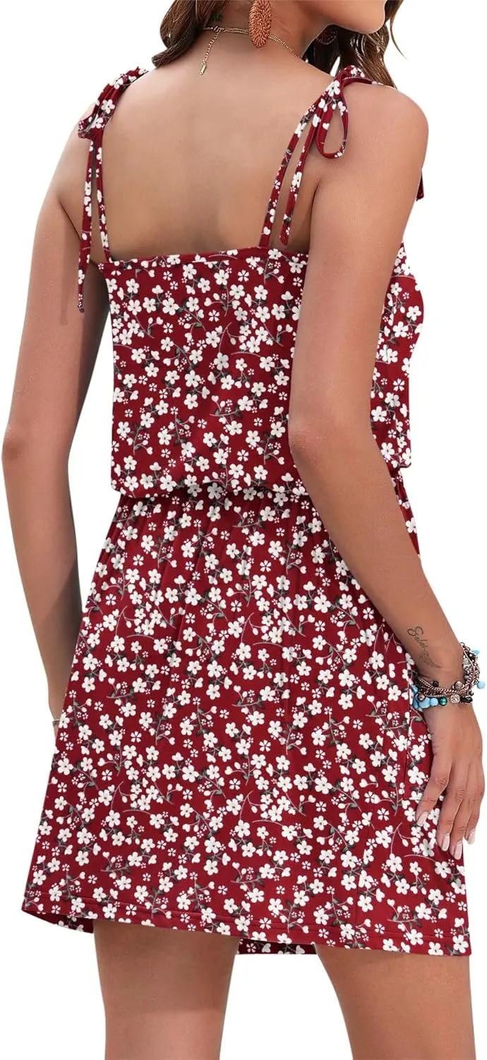 AUSELILY Womens Summer Dresses Sleeveless Spaghetti Strap Beach Cover up Drawstring Waist Mini Short Dress with Pockets