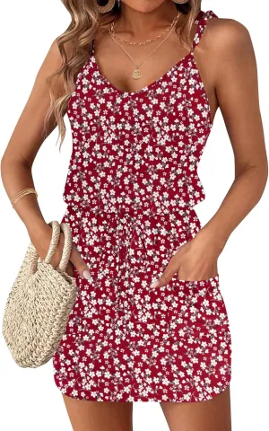 AUSELILY Womens Summer Dresses Sleeveless Spaghetti Strap Beach Cover up Drawstring Waist Mini Short Dress with Pockets