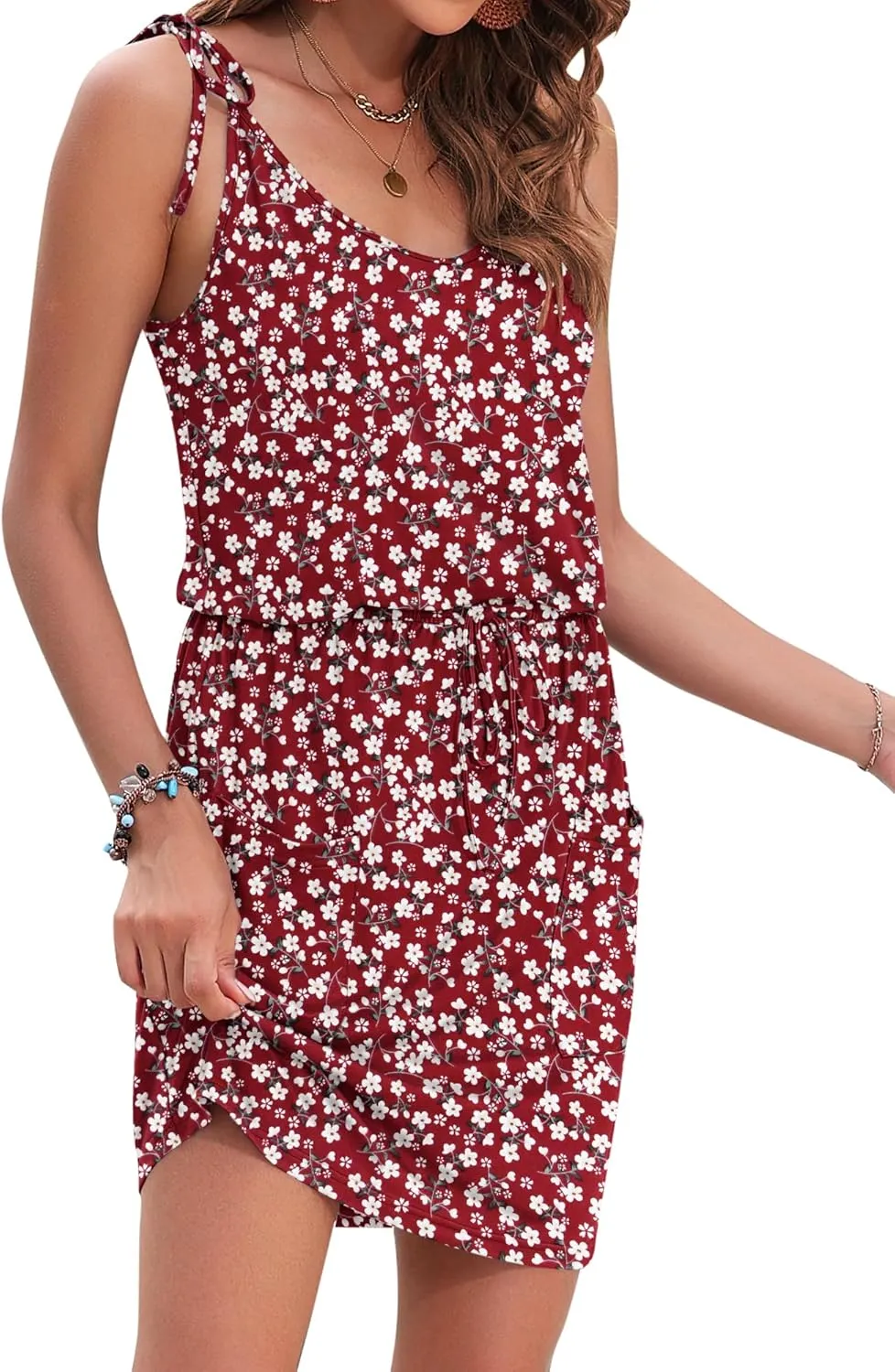 AUSELILY Womens Summer Dresses Sleeveless Spaghetti Strap Beach Cover up Drawstring Waist Mini Short Dress with Pockets