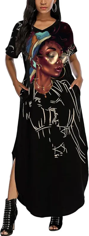 AZPSRT Fashion Women's African American Art Print Dress Casual Loose Dresses