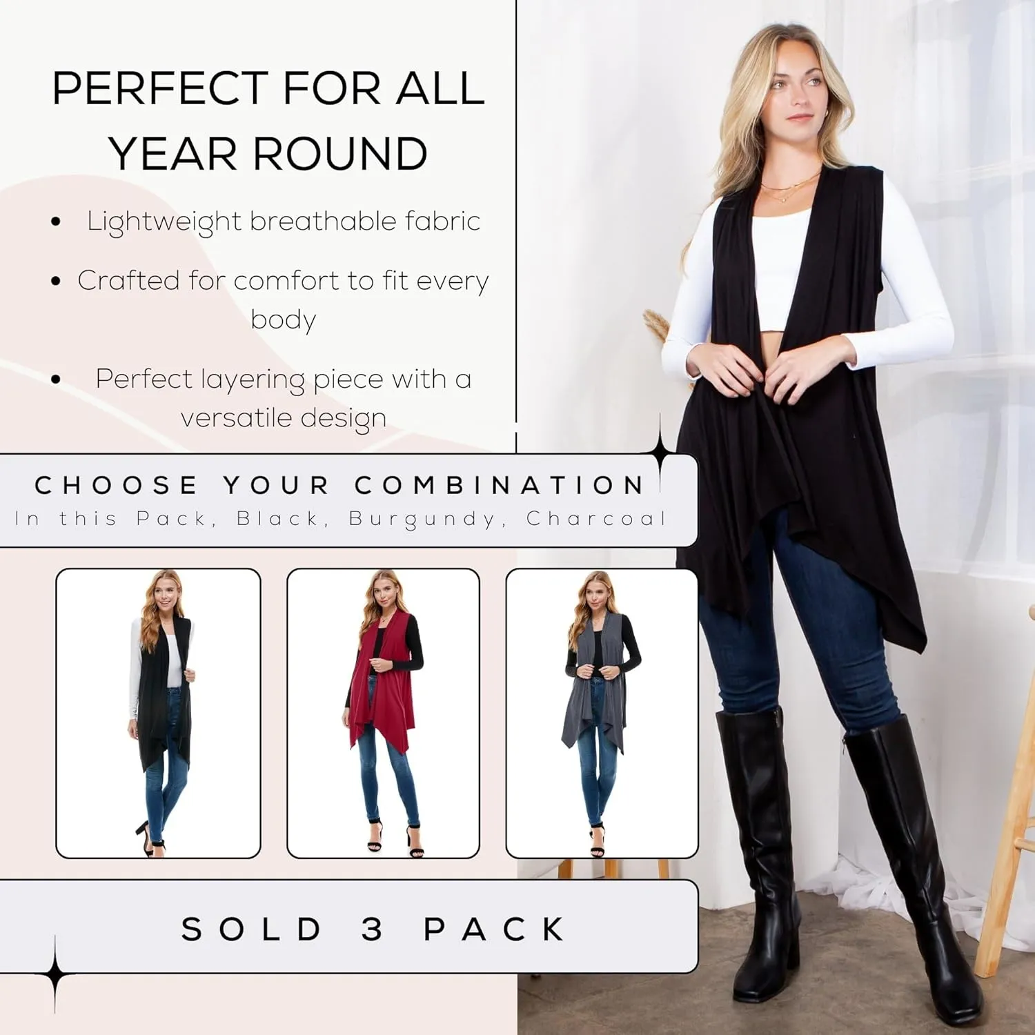 Azules 3 Pack Sleeveless Cardigan Vest for Women - Stylish Casual Womens Cardigans for Every Occasion