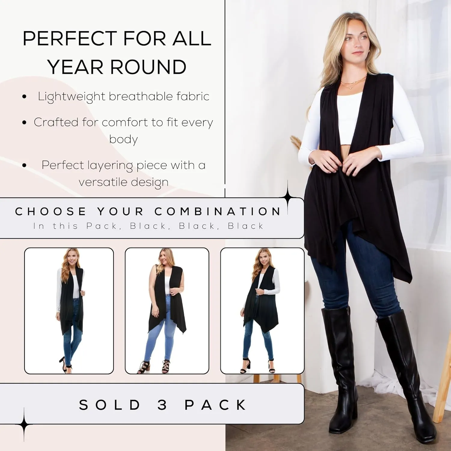 Azules 3 Pack Sleeveless Cardigan Vest for Women - Stylish Casual Womens Cardigans for Every Occasion