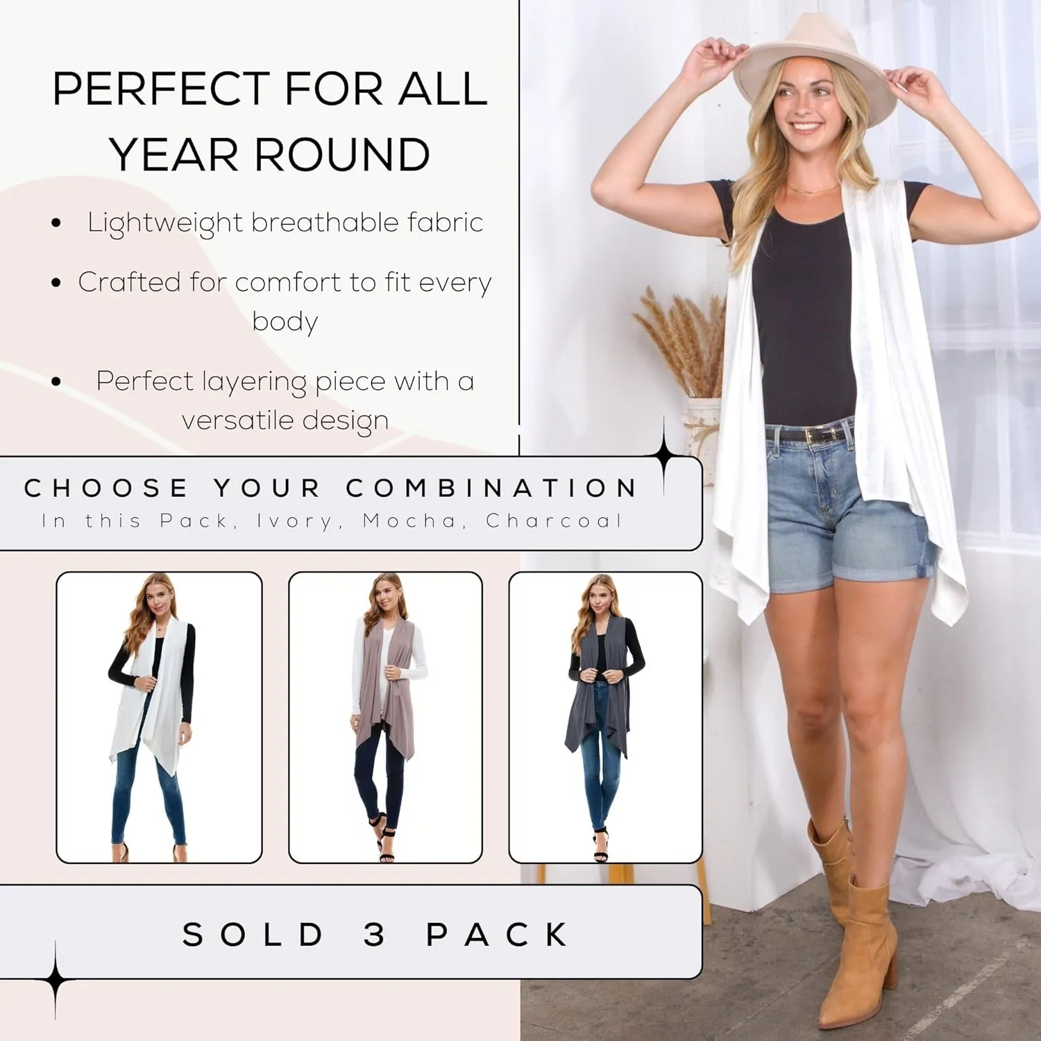 Azules 3 Pack Sleeveless Cardigan Vest for Women - Stylish Casual Womens Cardigans for Every Occasion