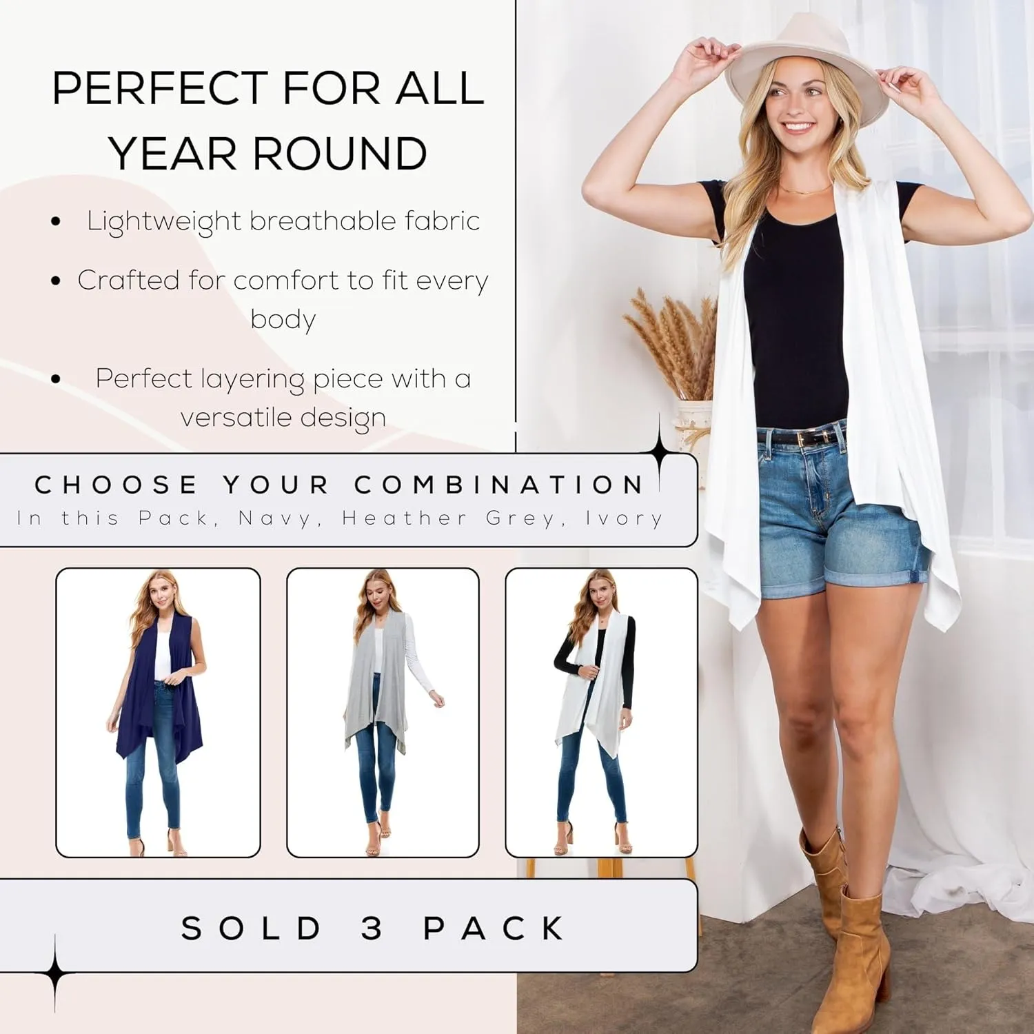 Azules 3 Pack Sleeveless Cardigan Vest for Women - Stylish Casual Womens Cardigans for Every Occasion