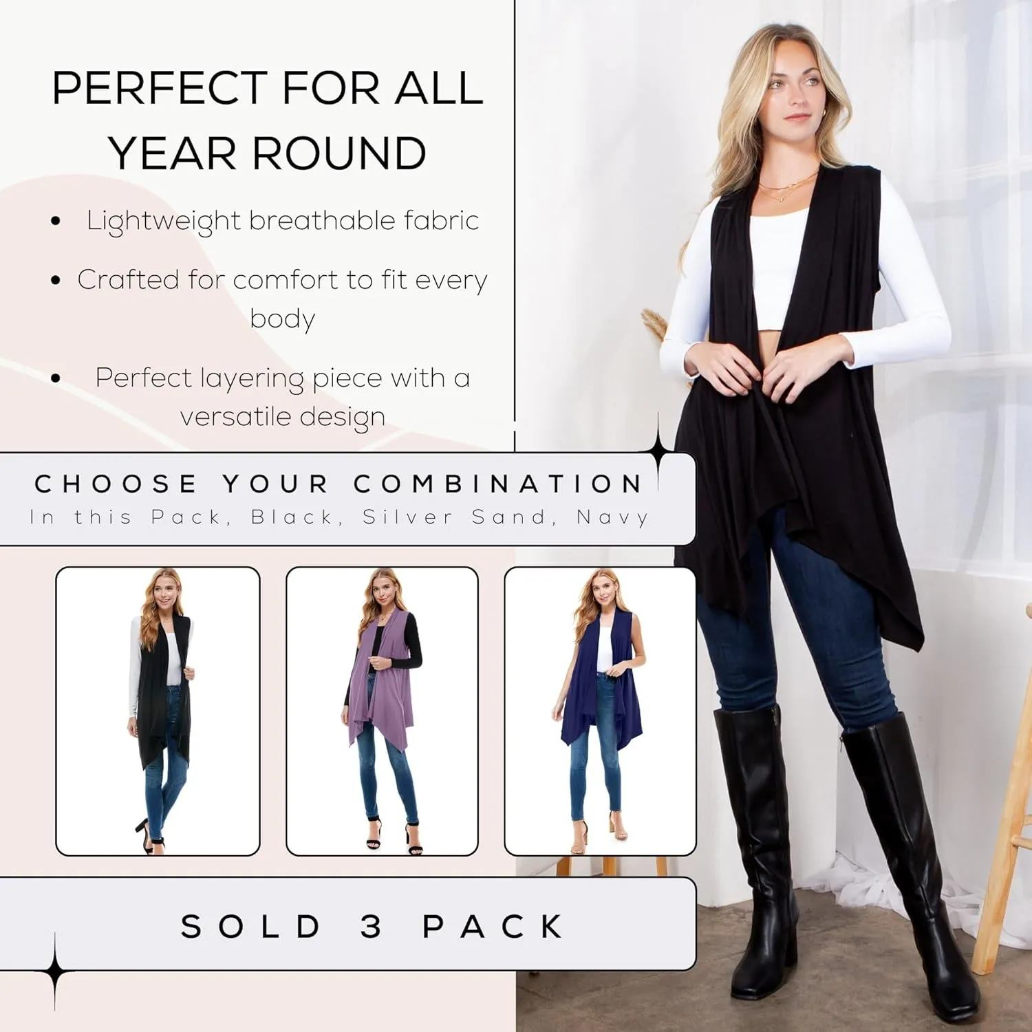 Azules 3 Pack Sleeveless Cardigan Vest for Women - Stylish Casual Womens Cardigans for Every Occasion