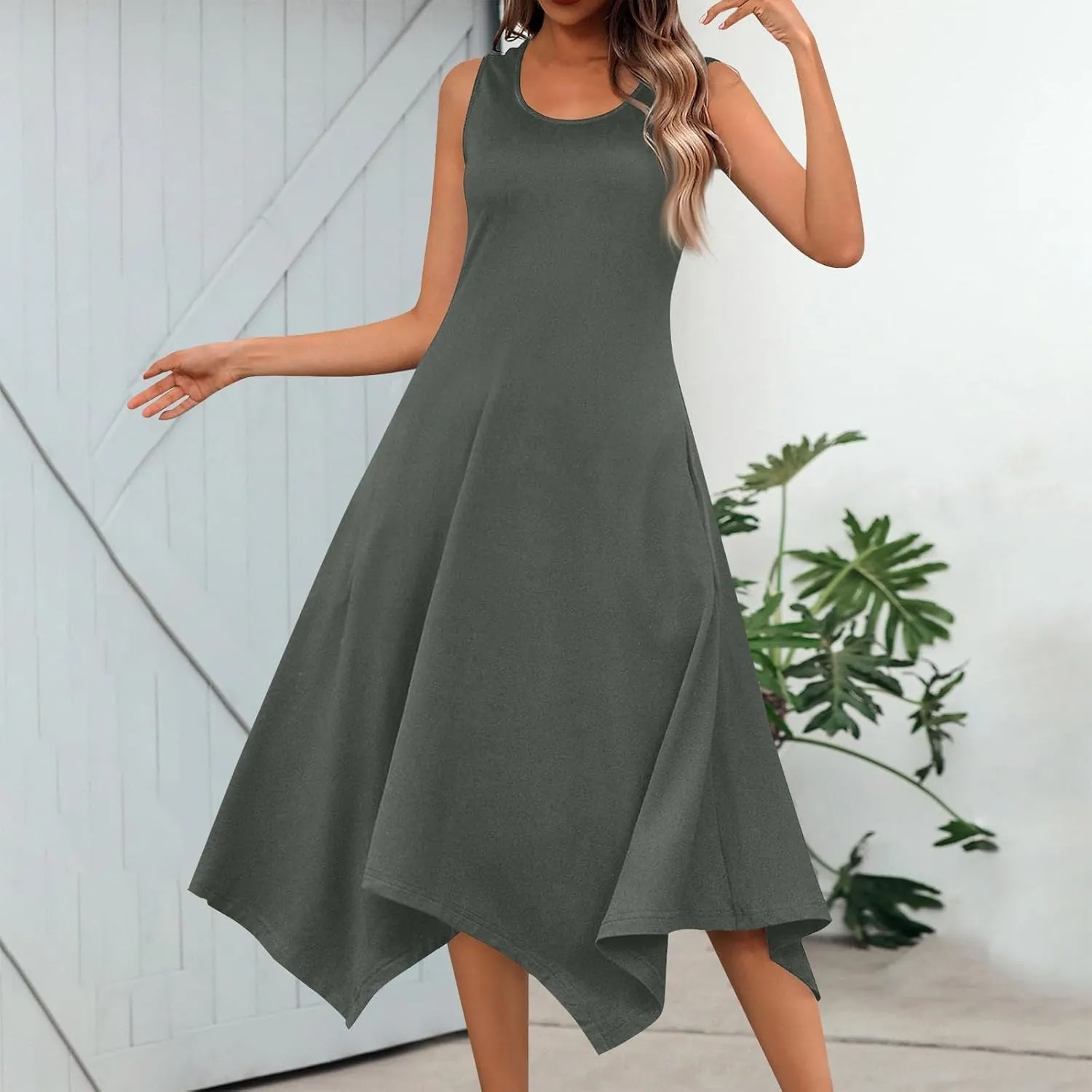 Beach Dresses for Women Spring Summer 2025 Sleeveless Vacation Sundresses Sexy Crewneck Irregular Hem Maxi Dress