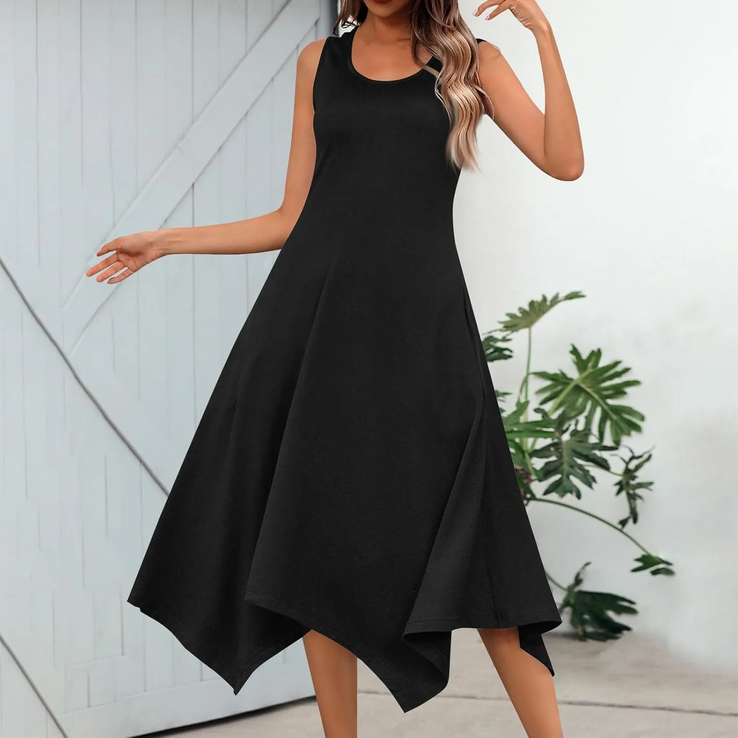 Beach Dresses for Women Spring Summer 2025 Sleeveless Vacation Sundresses Sexy Crewneck Irregular Hem Maxi Dress