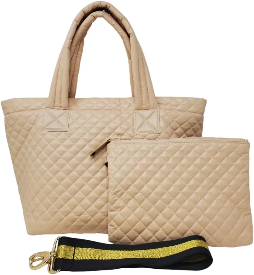 Beige Comfortable Light weight Medium size Quilted Tote bag with Pouch and Strap water repellent