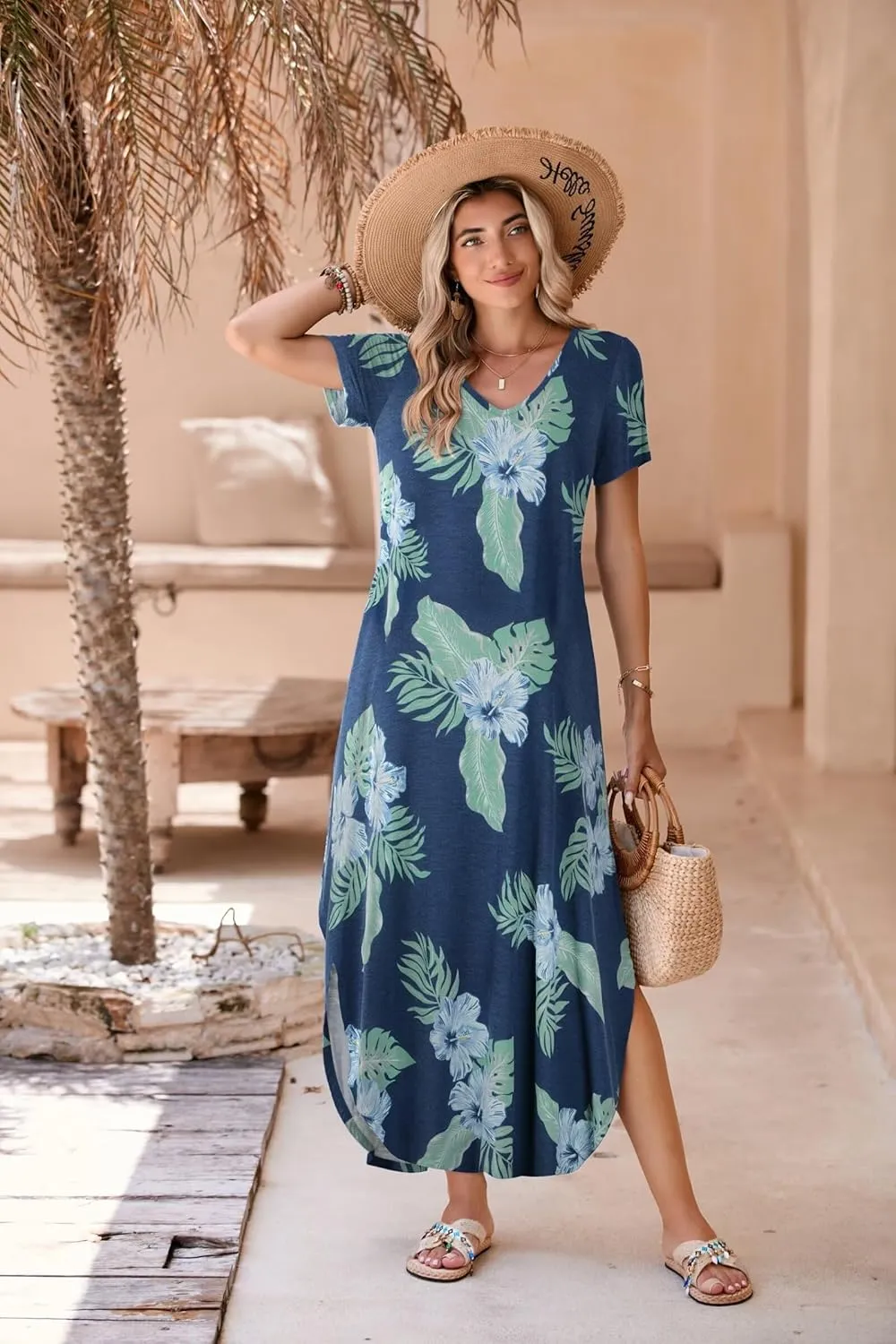 BELAROI Womens Plus Size Maxi Dresses Summer T Shirt Dress Casual V Neck Short Sleeve Long Dress Loose Fit Pockets Split