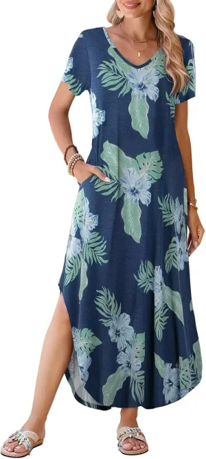 BELAROI Womens Plus Size Maxi Dresses Summer T Shirt Dress Casual V Neck Short Sleeve Long Dress Loose Fit Pockets Split