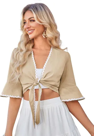 Belle Poque Womens Shrug Tie Front Bell Sleeve Shrugs Summer Cropped Bolero Cardigan Lightweight Short Shawl Tops