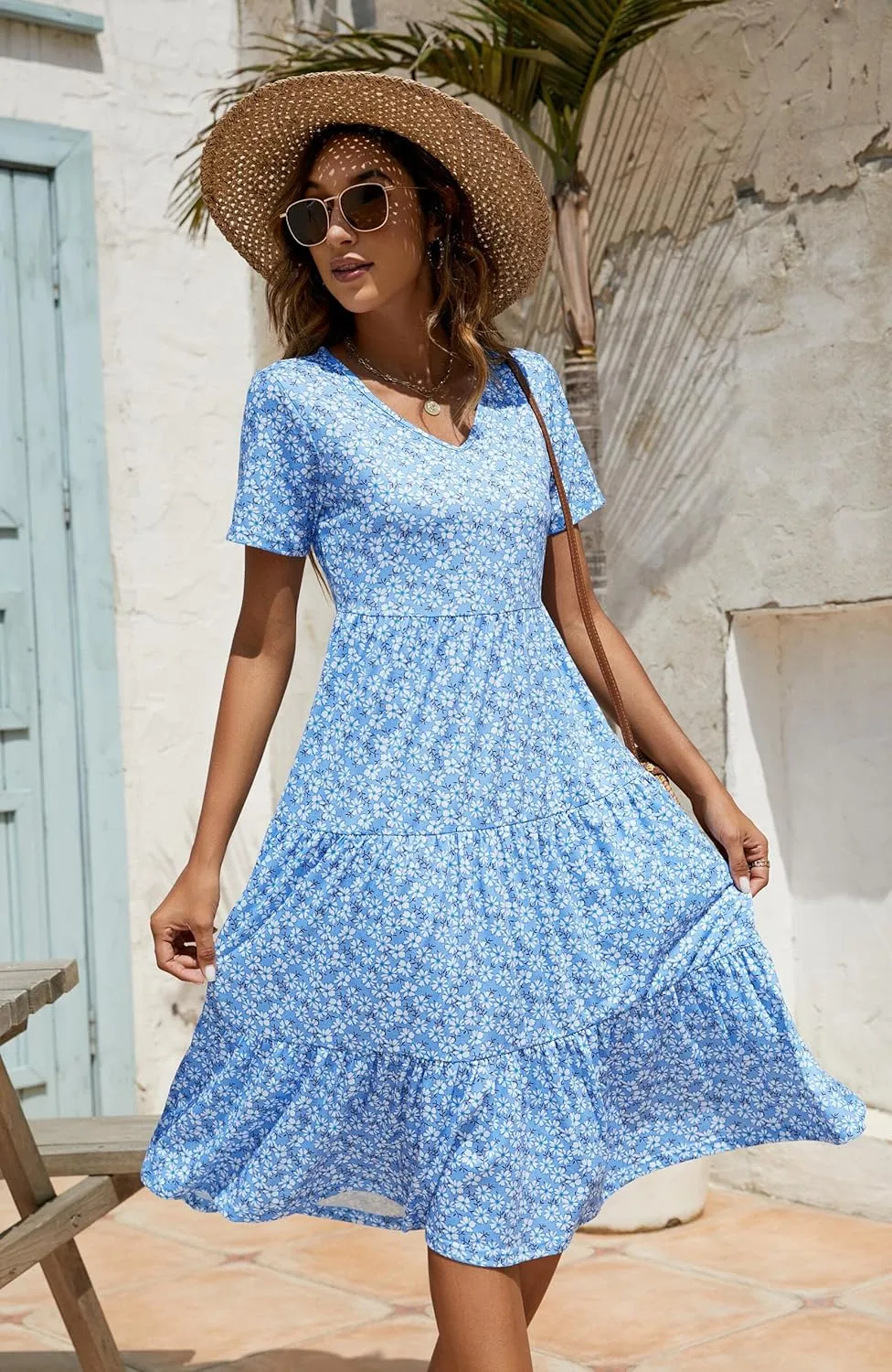 Berydress Women's Casual Summer Tiered Midi Dress 2025 Short Sleeve V-Neck Loose Cotton Ruffle Babydoll Dress Boho Sundress