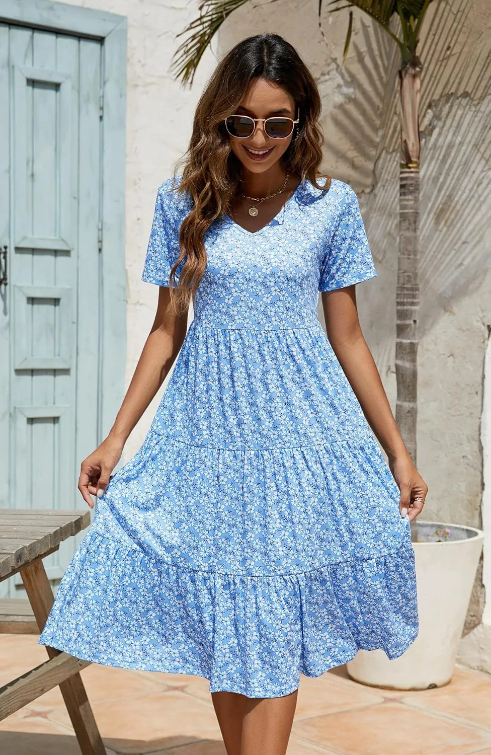 Berydress Women's Casual Summer Tiered Midi Dress 2025 Short Sleeve V-Neck Loose Cotton Ruffle Babydoll Dress Boho Sundress